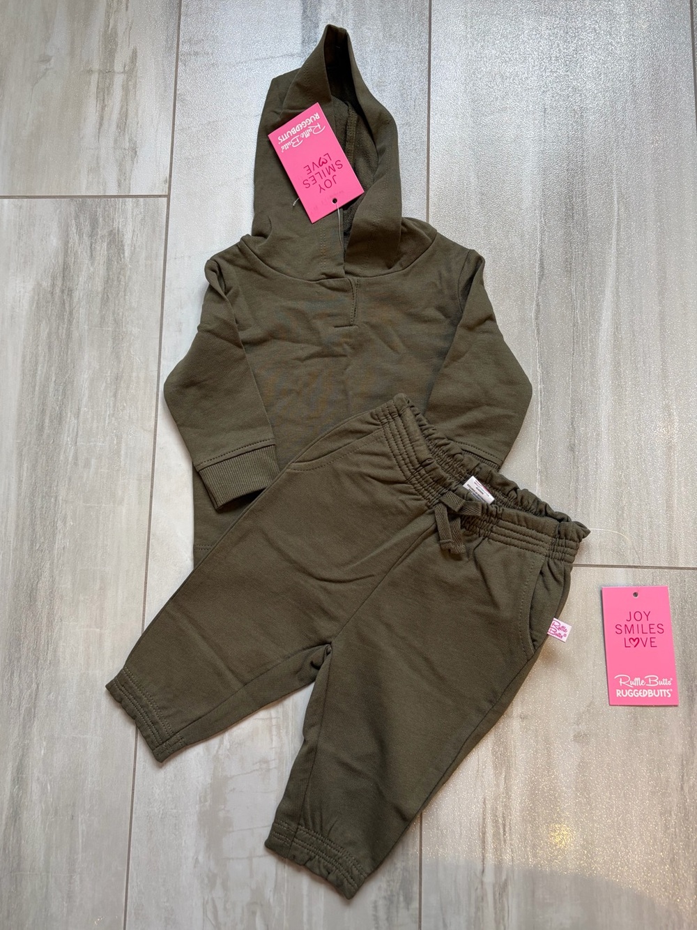 NWT RuffleButts Juniper Army Green Hooded Sweatshirt & Joggers Set girls 3-6M